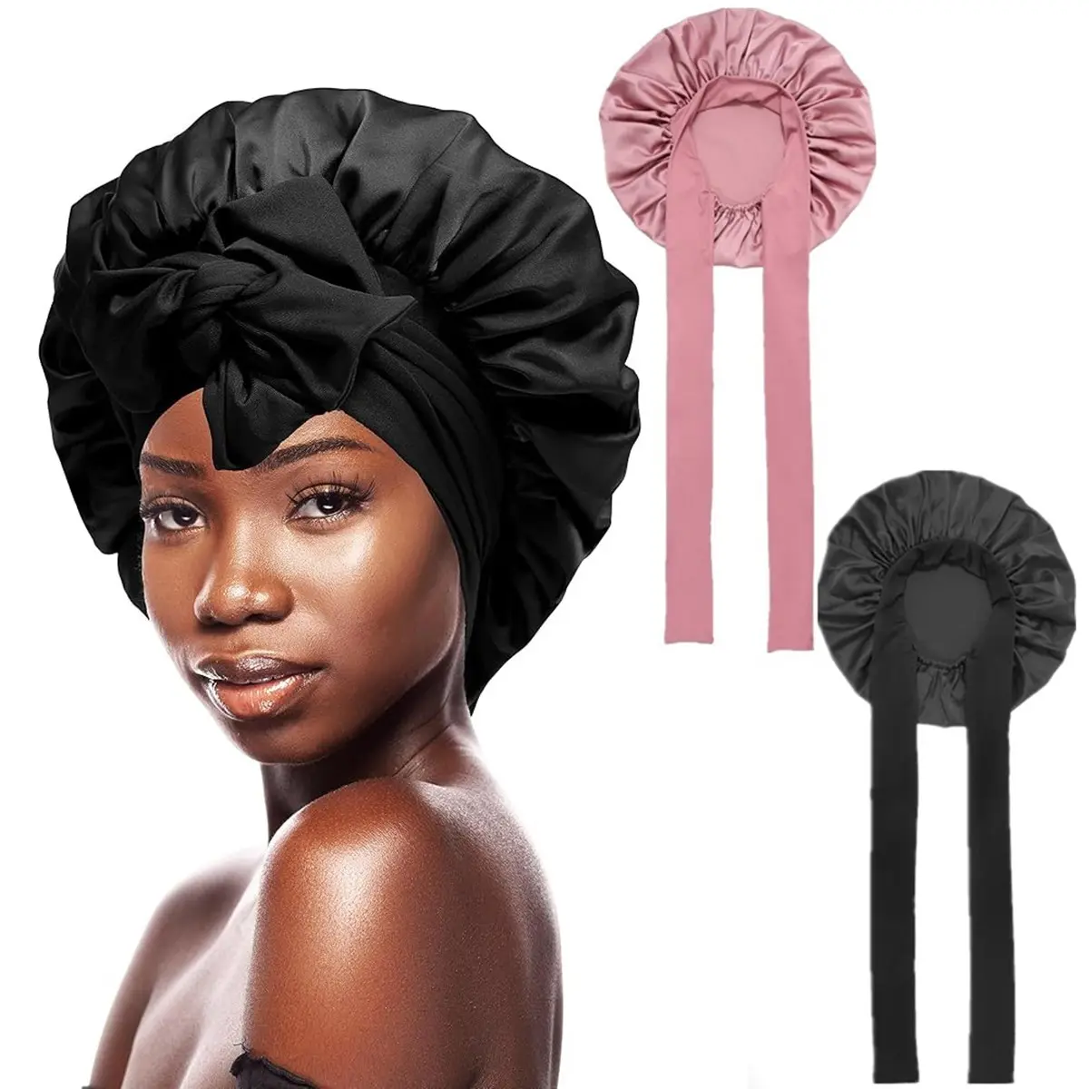 Women's Extra Long Satin Bonnet - Single-Layer Fabric Sleeping Cap with Adjustable Elastic Tie Band for Curly Hair, Daily Haircare, Daily Use, Adjustable Tie, Prevents Frizz, 1 Count Single Layer-Black, Protects Hair, Satin Fabric, Hand Wash, Polyester, A