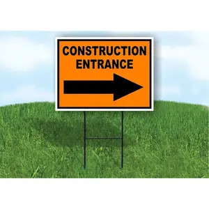 Construction Entrance RIGHT ARROW ORANGE BLACK - Single Sided Yard Sign ROAD SIGN with Stand