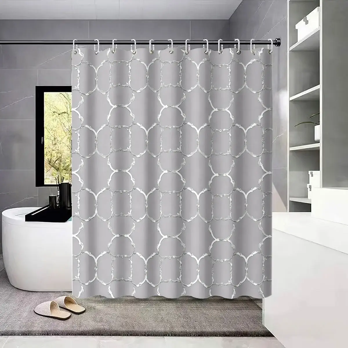Luxury Silver Color Geometric Decorative Shower Curtain, Modern Bathroom Accessory, Waterproof Polyester, Wall Mounted, Straight Rod Type, Bath Curtains Shower