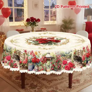 1pc, Spring Summer Themed Party Tablecloth, Valentine's Day Mother's Day Rose Floral Printed Design, Rectangular/Round, Rectangle Tablecloth, Embossed Edge, Suitable For Indoor Outdoor Dining Picnic Dinner Dining Room Decoration