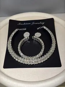 Women's Luxury Two-Layer Rhinestone Earrings Necklace Bracelet Set, Necklaces Earrings Set, Matching Jewelry Set, Elegant Women Jewelry Gift, Perfect for Wedding Party
