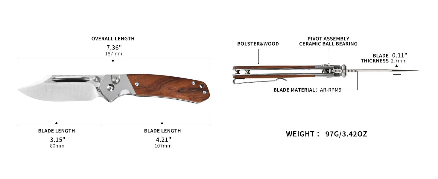 CJRB Bowie Pyrite Pocket Tool Knife with 3.15'' AR-RPM9 Steel Blade, Hunting Knife with Wood Handle for Camping and FathersDayGift