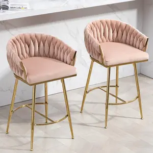 【Bellemave】2 chairs26'' Counter height bar stools velvet kitchen island counter bar stool with hand- wave back,golden chromed base and footrest (a pair)