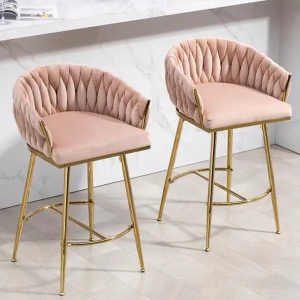 【Bellemave】2 chairs26'' Counter height bar stools velvet kitchen island counter bar stool with hand- wave back,golden chromed base and footrest (a pai