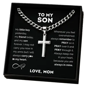 To My Son Cross Necklace from Mom,Christian Gift for Son with Message Card,Stainless Steel Cross Pendant Cuban Link Chain,Baptism Confirmation Graduation Birthday Christmas Gift for Boys