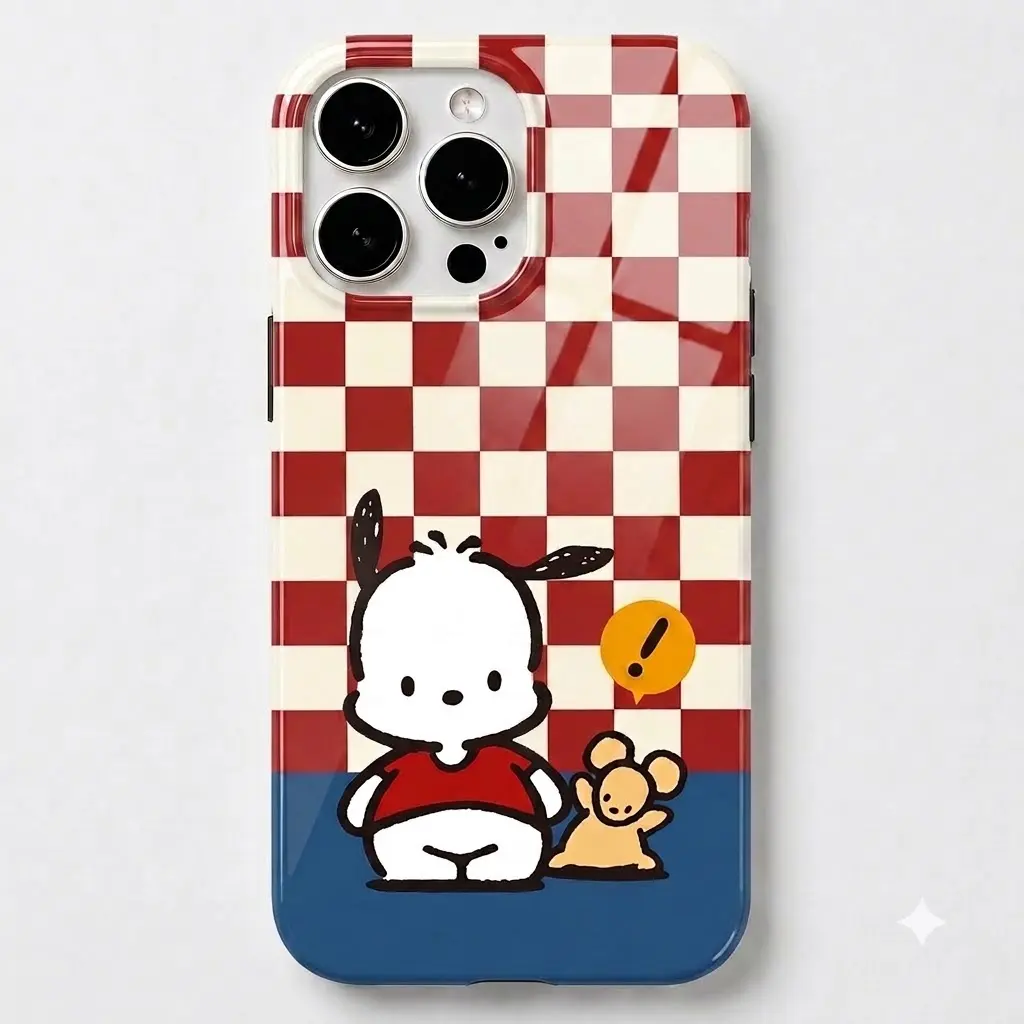 Pochacco And Mouse Red Checkerboard Glossy MagSafe Tough Phone Case for iPhone 11–17 Series, Dual-Layer Shockproof Protective Cover with Built-In Magnetic Ring