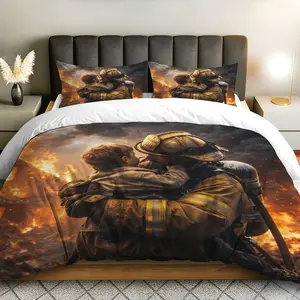 3PCS Duvet Cover Set, 1 Duvet+2 Pillowcases(Without filler), Firefighter Hero Courage Strength Protection theme, Christmas bedding set, Fireman Rescue Inspiration Suitable for decoration bedroom living room guest room office.