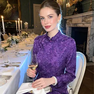 Purple Shimmering Elegant Hand-Embroidered Jacquard Three-Quarter Sleeve Cheongsam · Stand Collar Frog Button Graceful High-End Light Luxury Neo-Chinese Dress