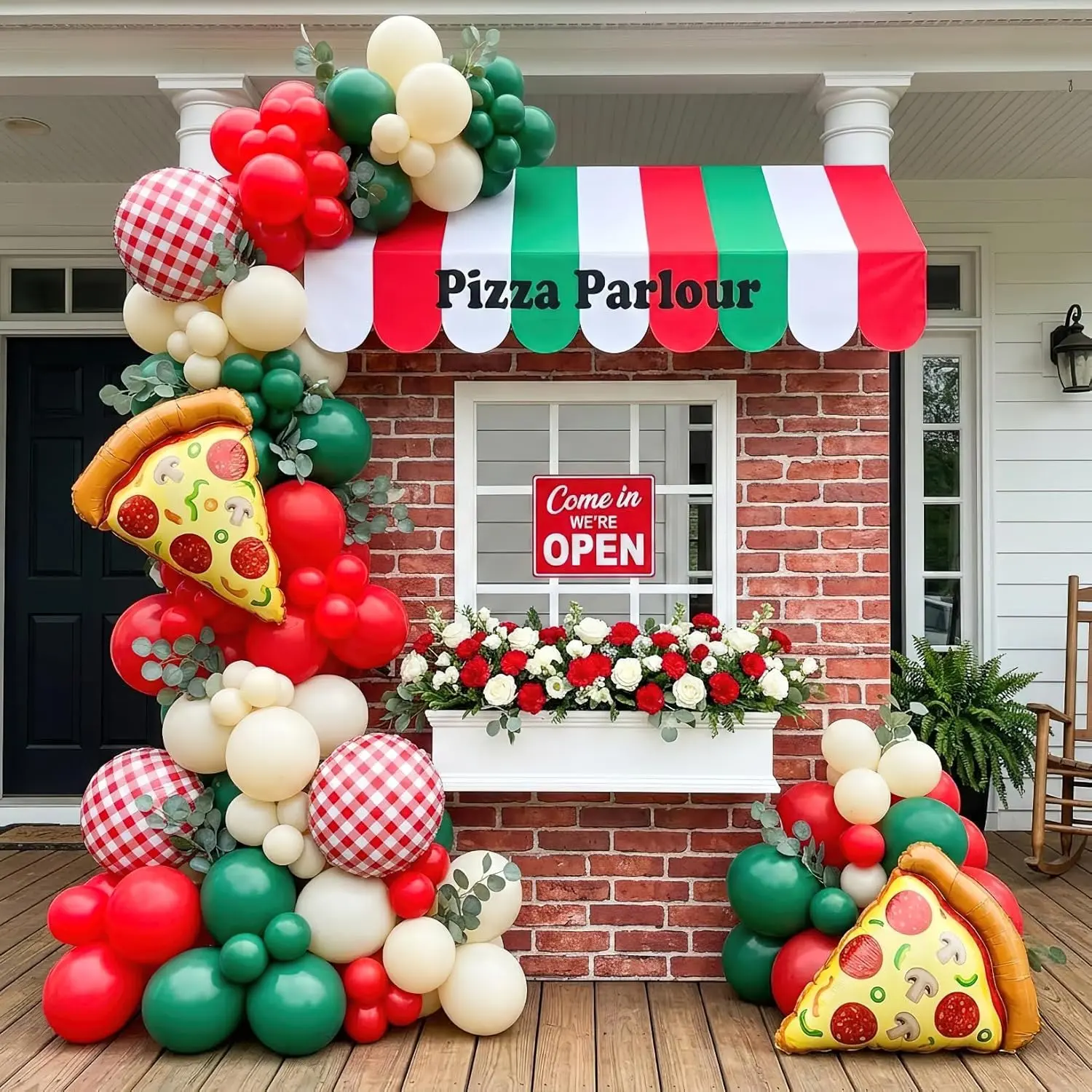 137-Piece Pizza Party Kit with Red, White & Green Balloons, Giant Pizza Foil & Gingham Decor
