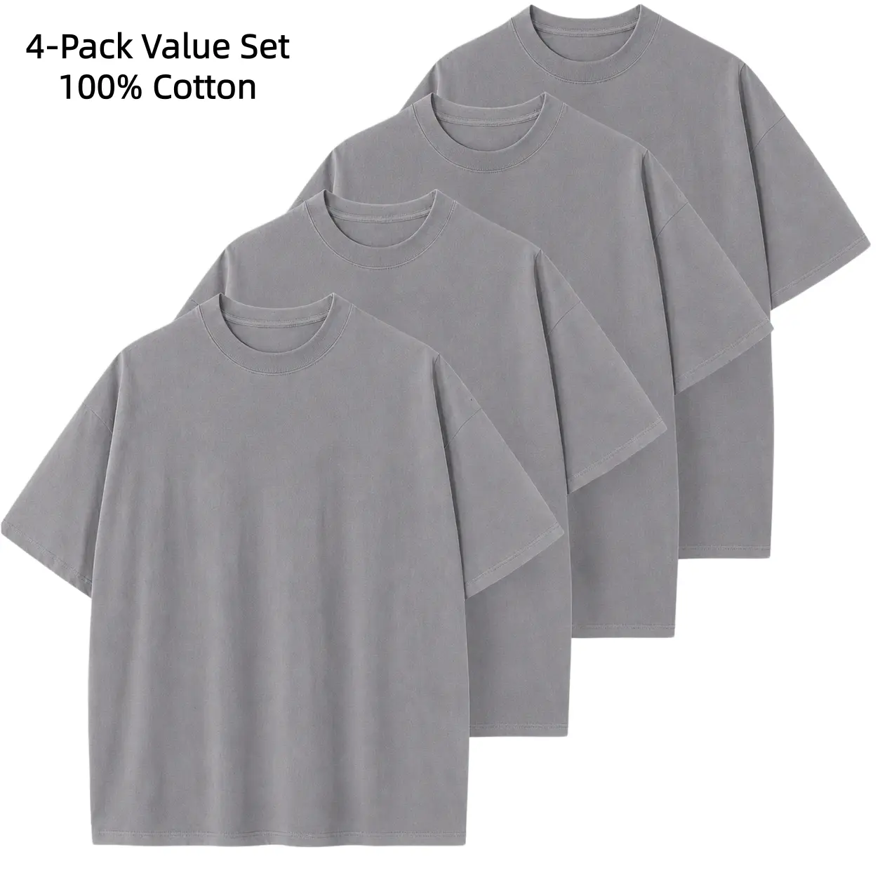 Men's 4-Pack 100% Cotton Heavyweight Casual Menswear Plain White Oversized Baggy Round Neck Short-Sleeve T-Shirts - Breathable, Soft, Loose-Fit Vintage Foldable Basic Blank Tops for DIY Printing, Layering