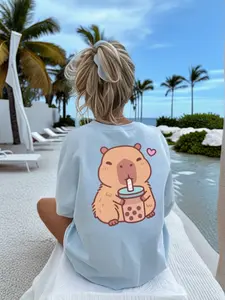 Girls' Casual Printed Light Blue Round Neck Short Sleeve T-Shirt, Graphic Tee, Summer Fitted Top, All Seasons Wear, Youth Fashion, Cute Shirts