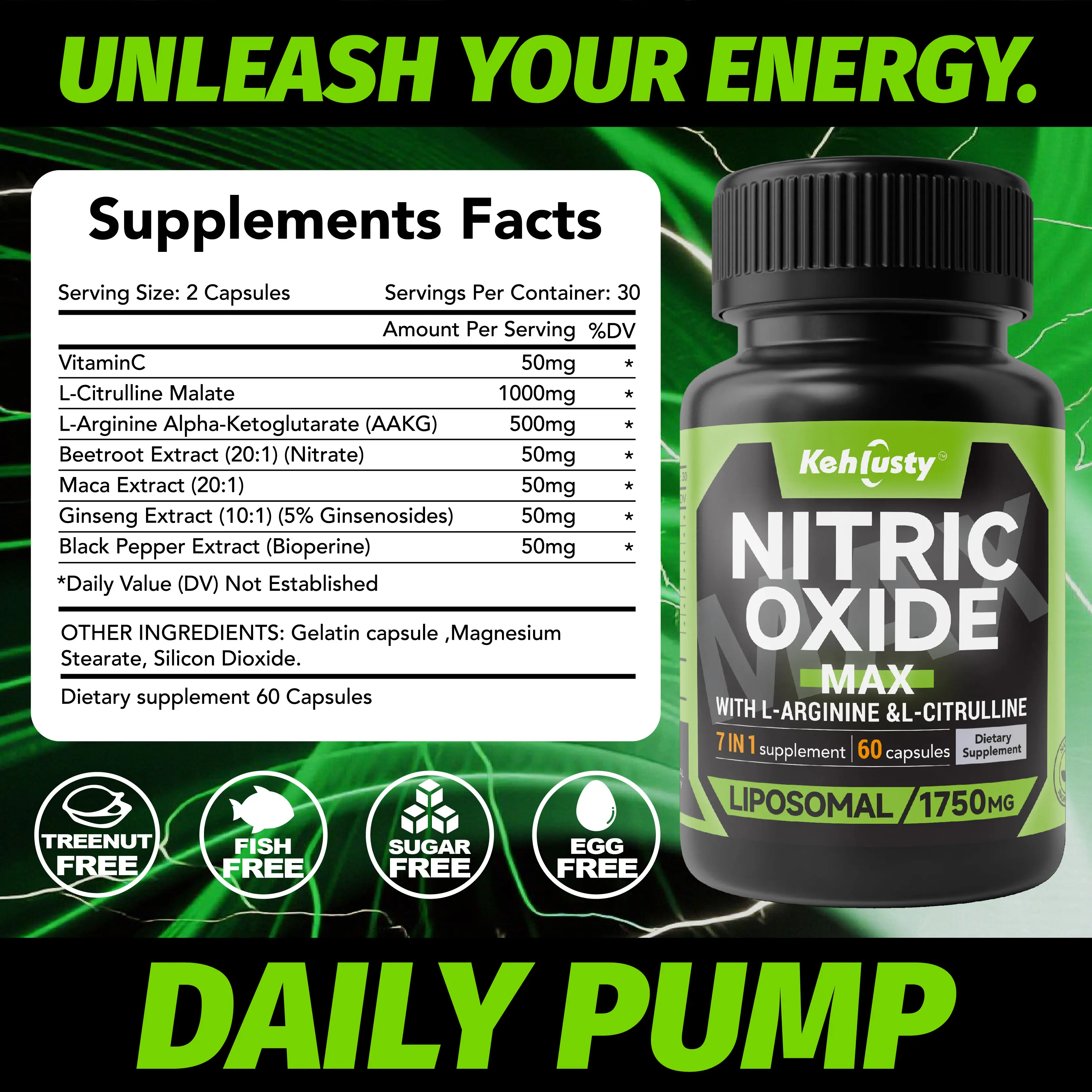 7-in-1 Gluten-Free Nitric Oxide Fitness Supplement Capsules - FDA