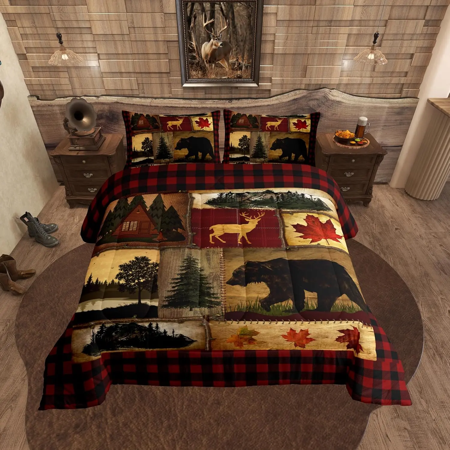 Feelyou Bear Cabin Plaid Comforter - Rustic Farmhouse Decorative Microfiber Bedding, Retro Hunting Deer Woodland Quilt, Western Duvet for Christmas RV Lodge Use, Decorative Bedding Set, Microfiber Bedding Set