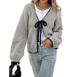 Women's Gray Contrast Trim Tie Front Cardigan Casual V-Neck Lantern Sleeve Knit Sweater Knitwear Fitted Basic Minimalist Womenswear Tops Knitting Vneck