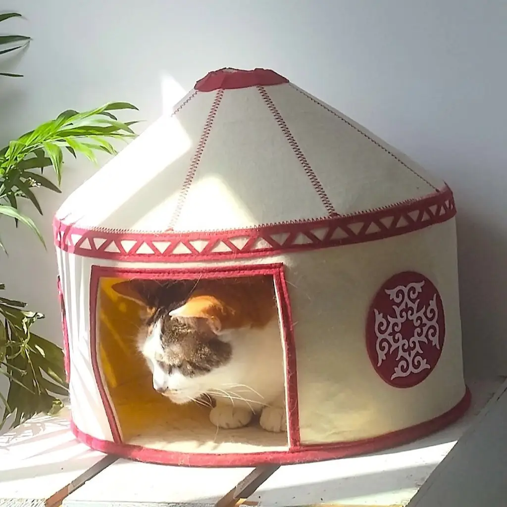 Nomadic Cat Yurts - Felt Cat House & Cat Bed with Traditional Central Asian Design Cozy Hideaway for Cats 15" Soft Felt Blend Inspired by Kazakh Cultu