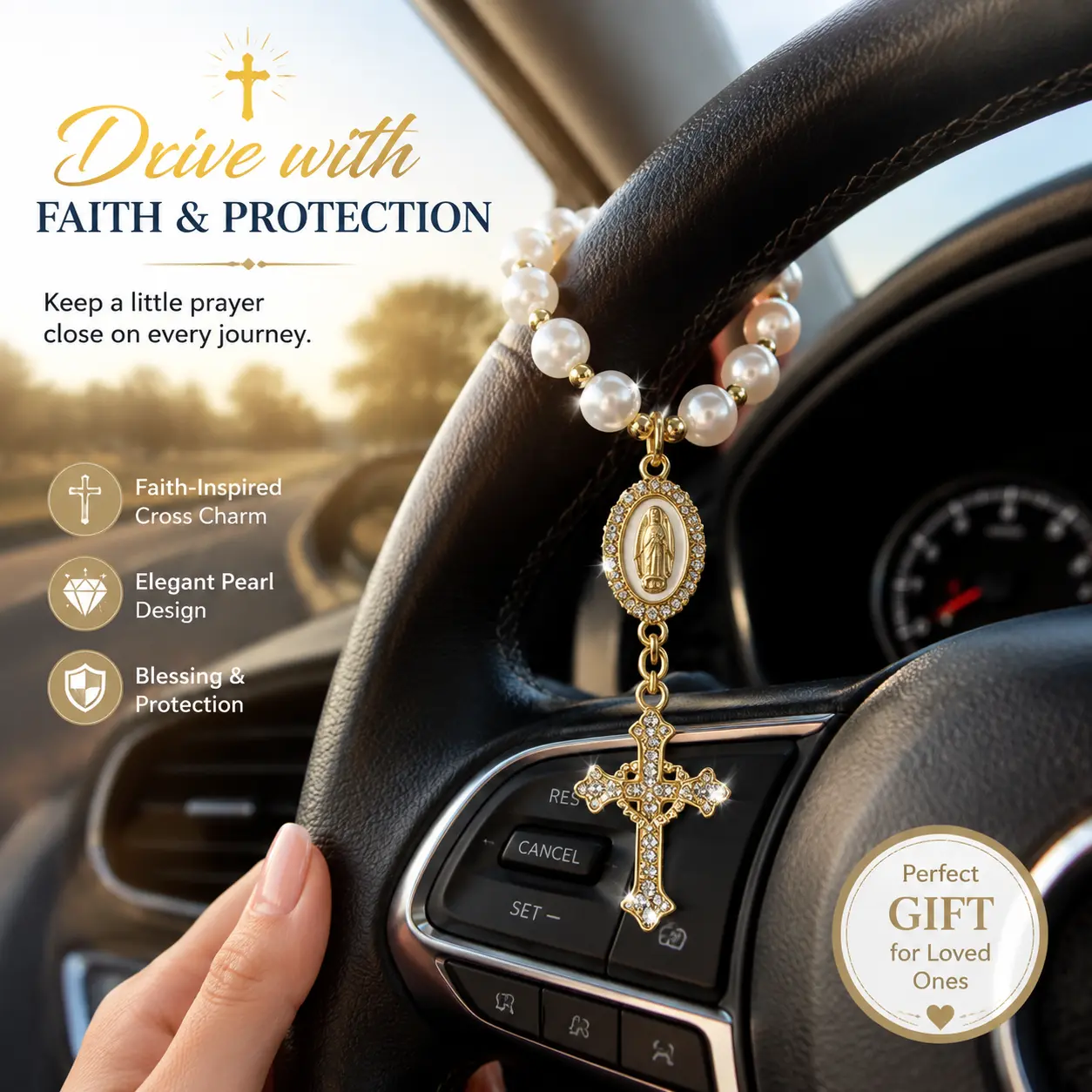 Pearl Rosary Steering Wheel Charm, Catholic Cross Car Accessory, Elegant Faith Car Decor, Religious Gift for Women