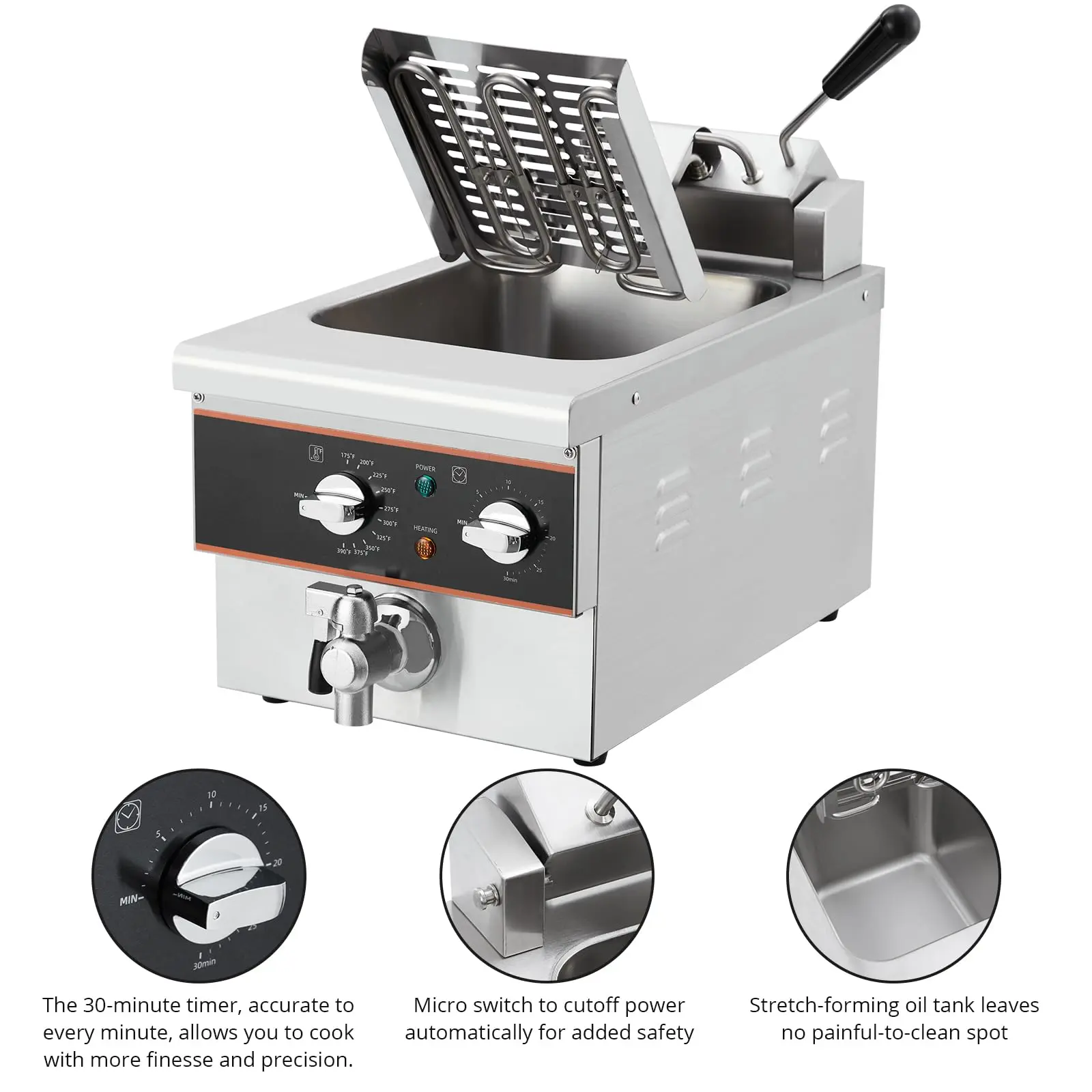 Garvee Electric Deep Fryers for Home and Commercial Use with Adjustable Temperature, 30-Min Timer, Oil Drain Valve, Rotary Fryer Head, Stainless Steel Design, Dual Tank Options, and Large Capacity 6L to 8L