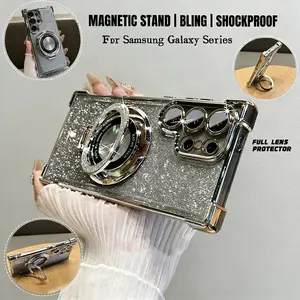 Magnetic Cute Round Bracket Luxury Plating Bling Gradient Glitter Clear Phone Case for Samsung Galaxy S26 Ultra S25 Ultra S24 Ultra S23 S23FE,Shockproof Anti-Scratch Protective Smartphone Cellphone Screen Protector Casing Cover for Men & Women Protection
