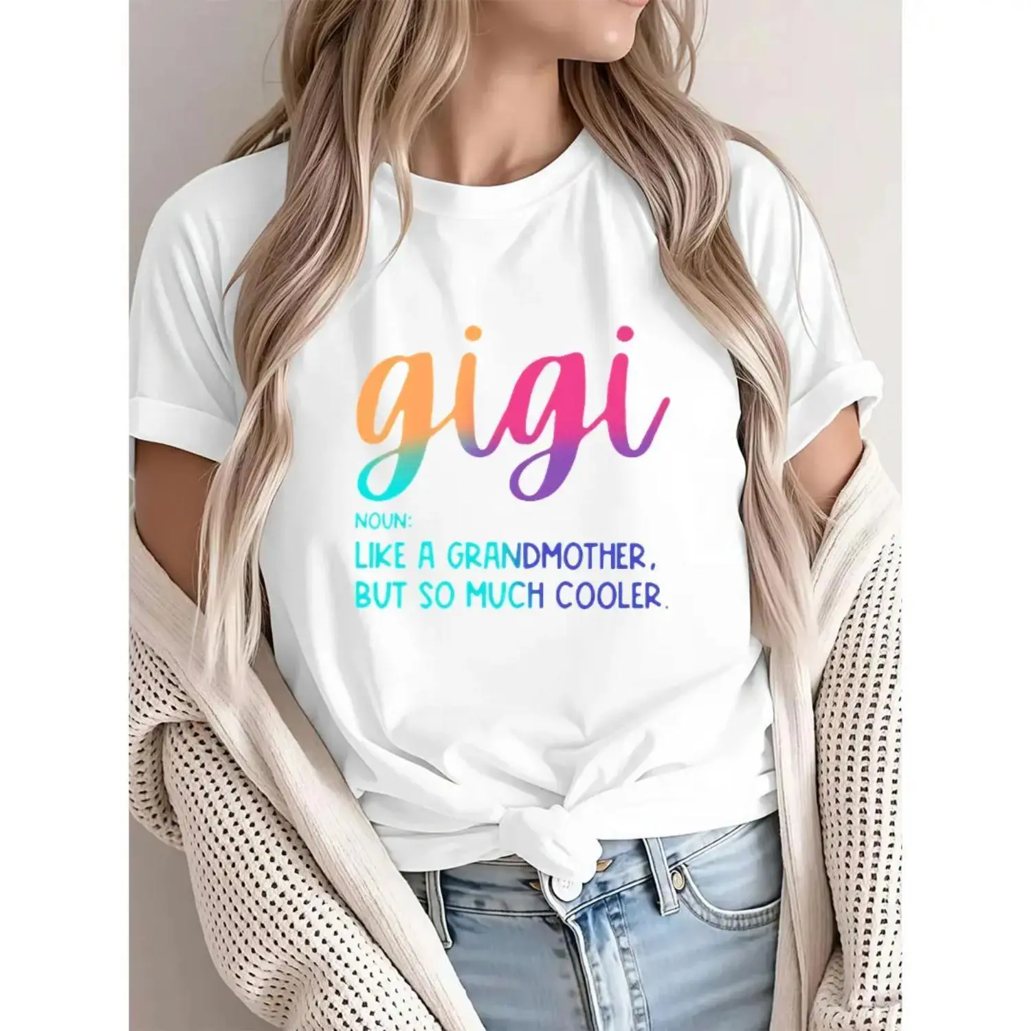 Casual Crew Neck T-Shirt - 95% Polyester 5% Elastane, Gigi Alphabet Print, All-Season Comfort Fit Knit Tee