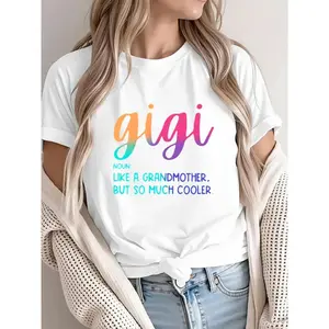 Casual Crew Neck T-Shirt - 95% Polyester 5% Elastane, Gigi Alphabet Print, All-Season Comfort Fit Knit Tee