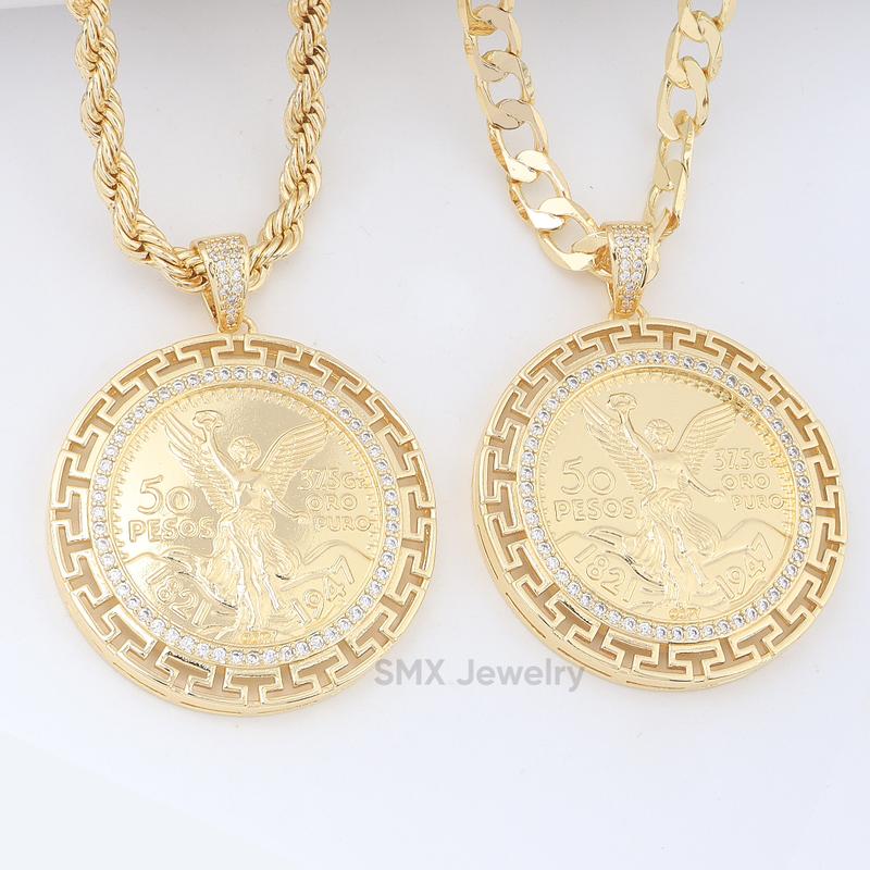 Centenario Necklace 14k Gold Plated Mexican 50 Pesos Centenario Pendant for Men Cuban Link Rope Chain