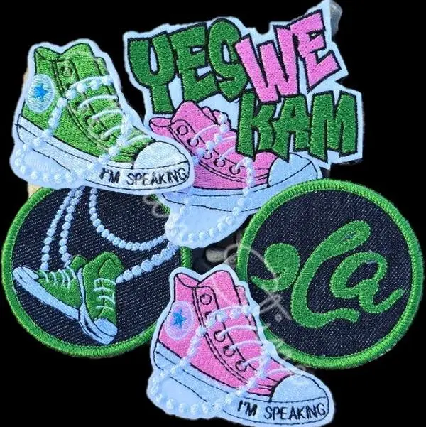 Pink and Green Jacket, Bag or Hat Patch Bundle- 5 Iron-On Patches- Kamala-,la- Chucks and Pearls- 47