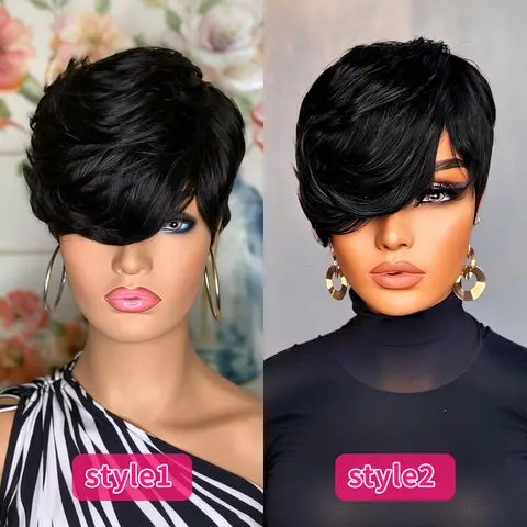 [Live Only Deal]ShowRealHair 0516 Pixie Cut Wig Virgin Human Hair Wigs Black Cute Nuna Short Wigs for Women Short Pixie Cut Wigs Machine Made#SummerVibes