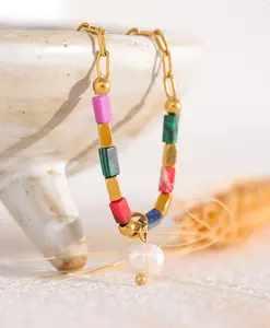 B81- Colorful Natural Stone, Pearl Bracelet!