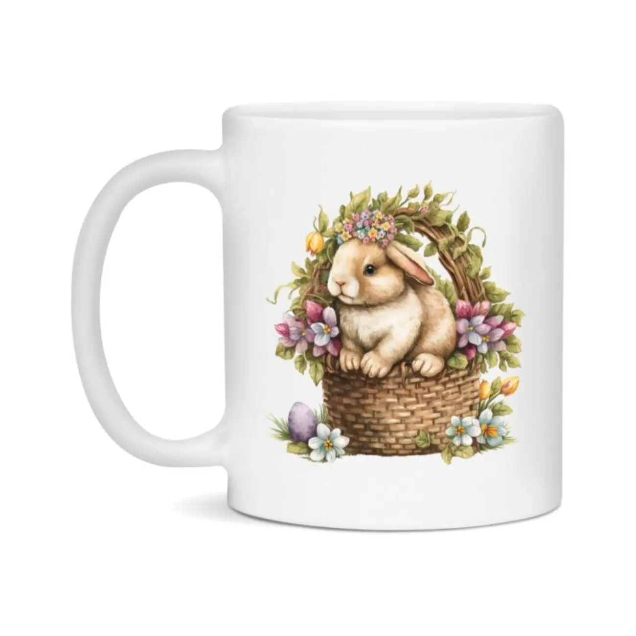 Easter Bunny Coffee Mug, Vintage Bunny Basket Design Easter Gift, Cute Bunny Mug, 11Oz Or 15Oz White Ceramic Cup, Double-Sided 72C