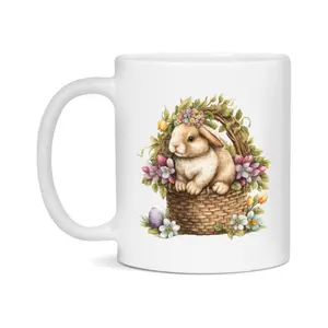 Easter Bunny Coffee Mug, Vintage Bunny Basket Design Easter Gift, Cute Bunny Mug, 11Oz Or 15Oz White Ceramic Cup, Double-Sided 72C