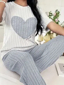 Sweet Heart Sleepwear Set Short Sleeve Long Pants Fashion Comfortable Home Wear, Cozy Night Pajama Set for Women & Girls, Pajamas Lounge Set