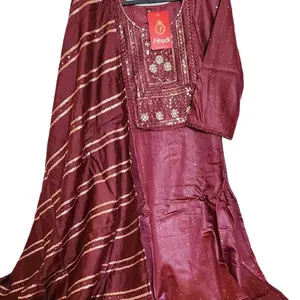 Noor Salwar Set in Maroon Color with Striped Dupatta and Embellished Detailing