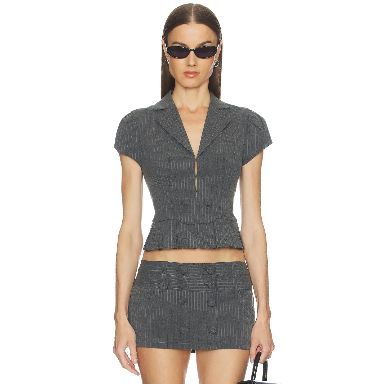 GUIZIO Mollie Cap Sleeve Blazer in Grey & White