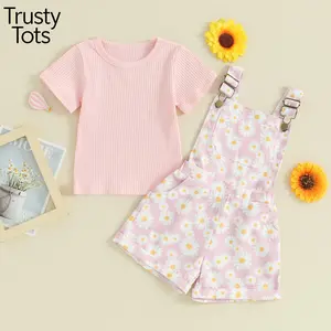 Trusty Tots  Toddler Girl Shorts Outfit Solid Color Ribbed Short Sleeve T-Shirt with Daisy Print Overall Shorts 2 Pcs Summer Clothes clothing summer pit strip flying sleeve bag fart Romper
