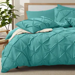 5 count Pinch Pleated Duvet Cover Full/ Size Set, Teal Pintuck Duvet Cover with Zipper & 8 Ties, Shabby Chic Microfiber Duvet Cover + 2 Pillow Shams + 2 Pillowcases, No Comforter