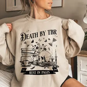 Death by TBR Sweatshirt, Shirt for Book Lover, Vintage Reading Shirt for Bibliophiles Oversized Bookish Merch Bookworm Gift for Book Addict Women Crewneck Fabric Womenswear