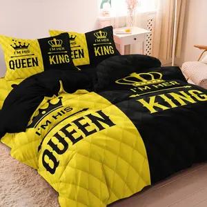 3pcs Yellow Black King Queen Couples Print Duvet Cover Set,Crown Bedding Romantic Couple Bedroom Decor,For Stylish Rooms Bedroom Hotel (Includes 1 Duvet Cover and 2 Pillowcases,No Comforter, No Pillow)