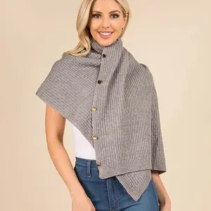 Convertible button up waffle knit shawl Cape Poncho