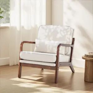 Sweetcrispy Mid Century Modern Style Armchair - Solid Rubberwood Frame, Breathable Fabric, Waist Cushion, Reading Lounge Chair for Living Room Adults, Suitable for Balcony, Ideal for Any Season