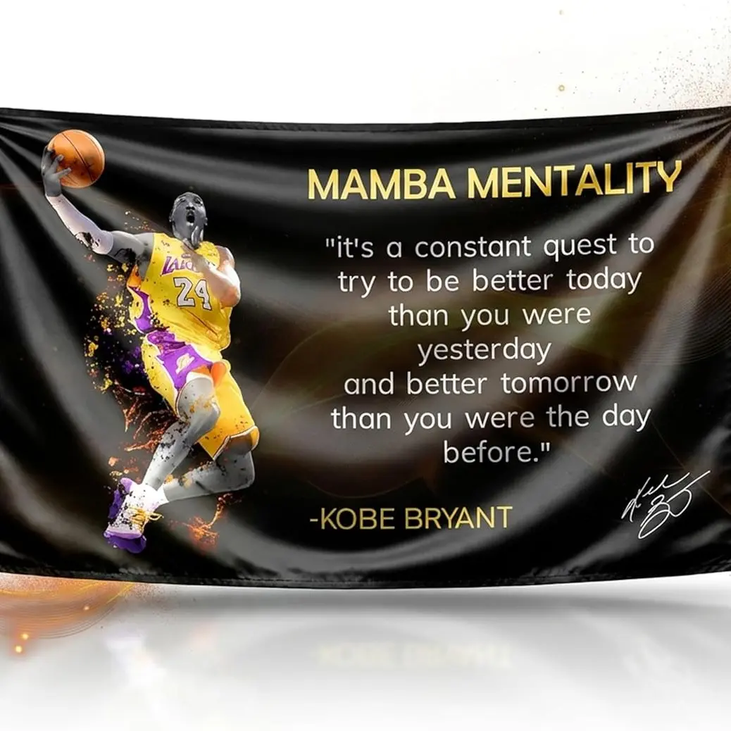 2D Flat Banner Nba Basketball Player Flag, Kobe Mamba Mentality Quote, Motivational Art for Home Office Gym Wall Decor, Party Decorations Banners, Wall Decor Flags