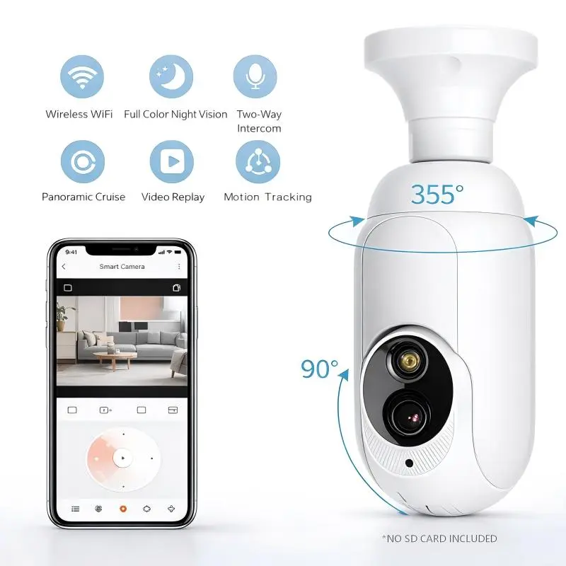 3MP Light Bulb Security Camera - Wi-Fi Indoor Camera with Socket Installation, 355° Pan, 90° Tilt, Full-Color Night Vision, 2-Way Audio, AI Person Tracking, InstaVision App, Micro SD Card Support, Baby Monitor, Memory, Local