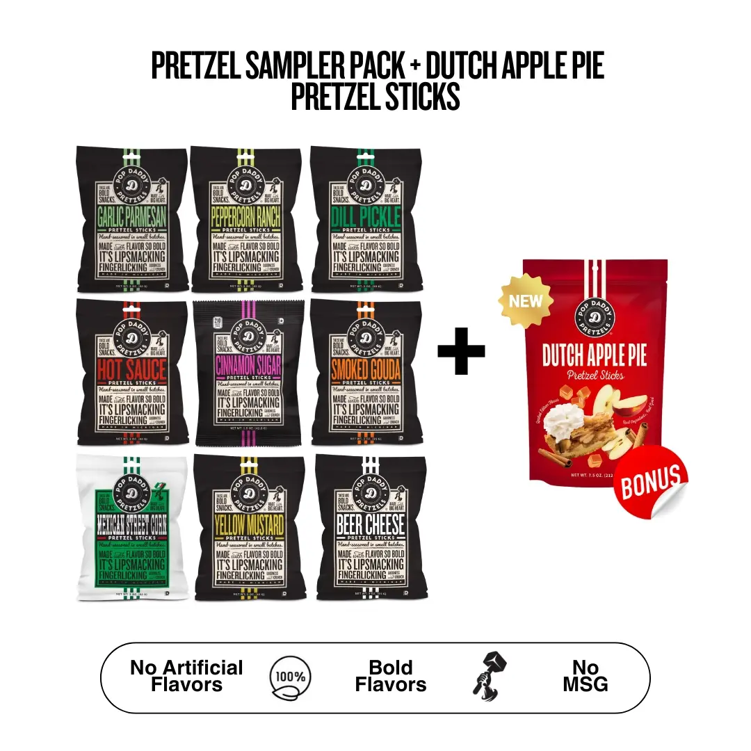 Pretzel Sampler Pack - 9 bags + DUTCH APPLE PIE PRETZEL STICKS - Pop Daddy Snacks