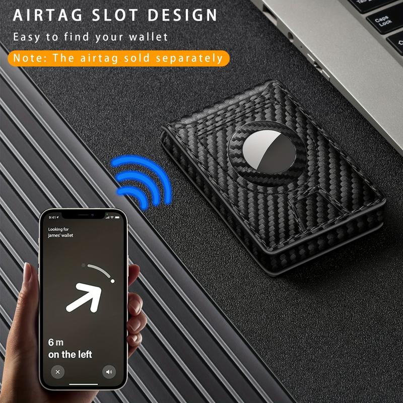 Men's Carbon Fiber RFID Blocking Bi-Fold Wallet With Pop-Up Aluminum Card Slot And AirTag Slot - Minimalist Black Credit Card Holder GIft For Daddy And Boy Friends On Christmas Day