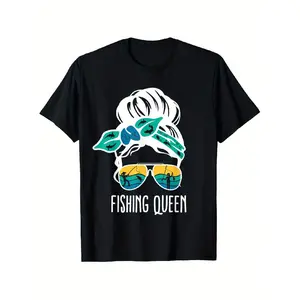 teen clothes Fishing Queen Lady Bun Mom Fish Bass Fishing T-shirt, Loose Style New Men's and Women's Short Sleeve T-shirt, Casual and Comfortable, 100%, L-5XL Graphic Graphic Tees