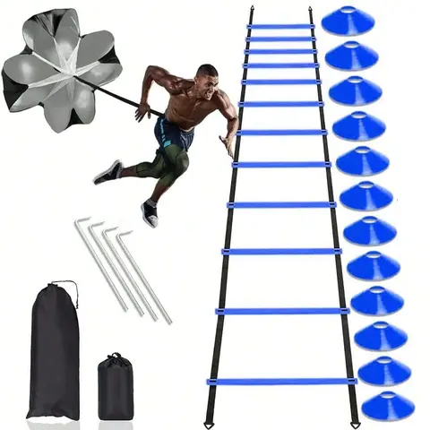 Sports Agility Ladder Training Set for Athletes & Sports Lovers - Workout Equipment for Football/Basketball Drill, Course Cones, Speed Drills, Includes 1 Ladder, 4 Steel Piles, 12 Disc Cones, 1 Resistance Umbrella