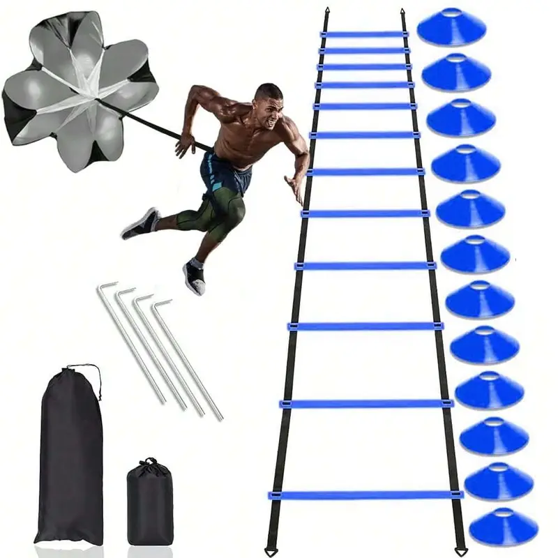 Sports Agility Ladder Training Set for Athletes & Sports Lovers - Workout Equipment for Football/Basketball Drill, Course Cones, Speed Drills, Includes 1 Ladder, 4 Steel Piles, 12 Disc Cones, 1 Resistance Umbrella