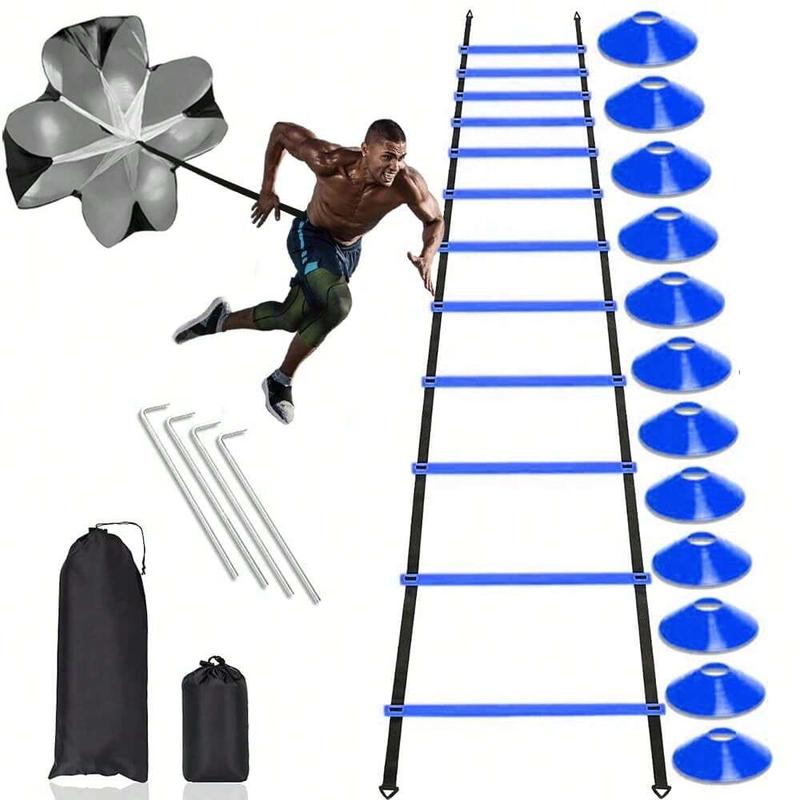 Sports Agility Ladders Football Training Equipment | Speed Agility Training Set, Including 1 Agility Ladder, 4 Steel Piles,12 Disc Cones,1 Resistance Umbrella .| for Athletes/Sports Including Football & Basketball