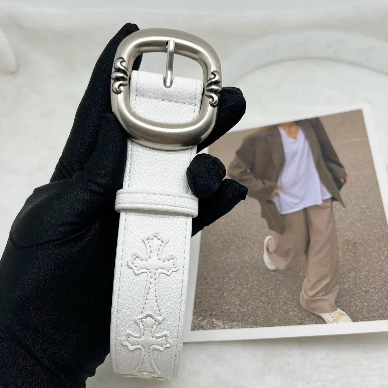 Retro Style Unisex Belt - Literary Youth Fashion with Vine Roller Cross Design, PU Leather, Alloy Metal Buckle, 43 Inches Long, 1.3 Inches Wide