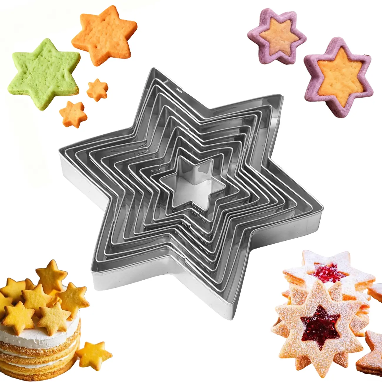 10pcs Stainless Steel Star Cookie Cutter Set Six-Pointed Star Baking Molds for Christmas Decorations, Sandwiches, Fruits, Fondant & Cake Decorating | DIY Handmade Cookies & Gift-Giving | Kitchen Gadgets and Accessories, Baking Tools