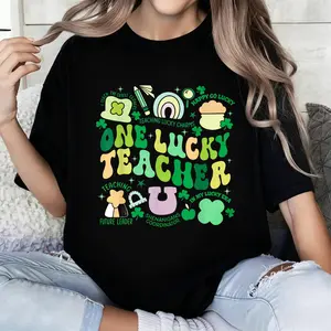 St Patricks Day One Lucky Teacher Teaching Lucky Charms Women's T-Shirt With Shamrock Hat Pencil Rainbow And Apple Design For Fun Classroom Spirit,St Patrick's Day Shirts,Lucky Tee